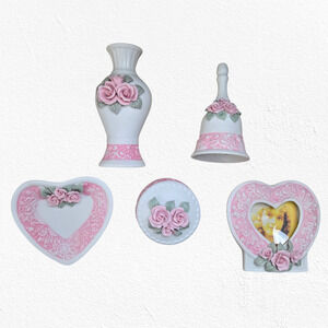 70s Vintage Bisque Rose Porcelain Matte Deadstock Bell Jewelry Dish Trinket Set